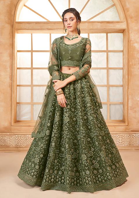 Mehendi Thread Embroidered Net Lehenga Set