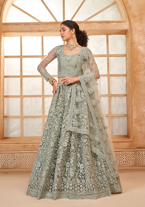 Green And Grey Thread Embroidered Net Lehenga Set