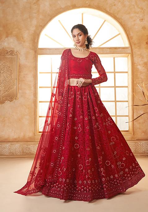 Red Thread Embroidered Net Lehenga Set