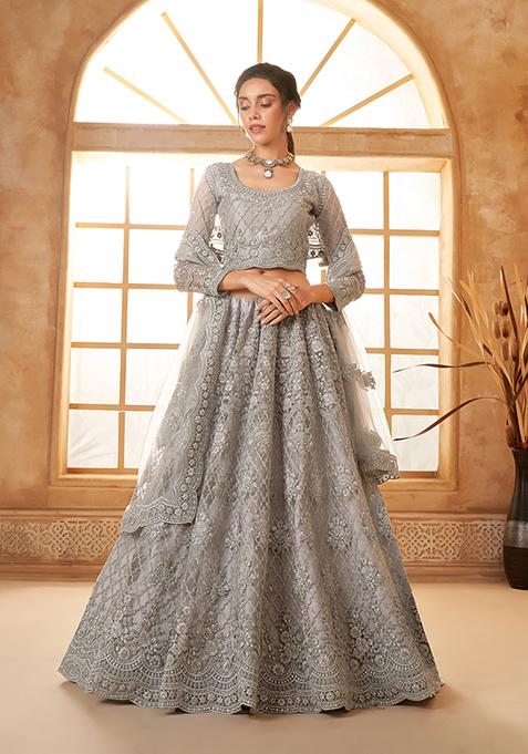 Grey Thread Embroidered Net Lehenga Set