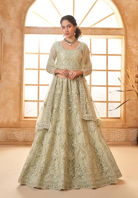 Mint Green Thread Embroidered Net Lehenga Set