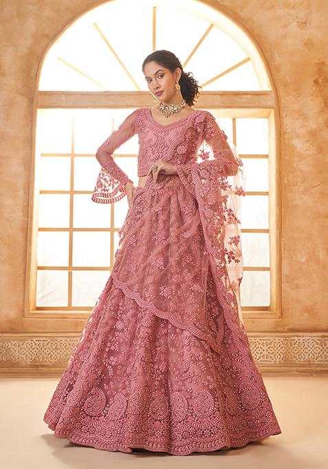 Gajri Thread Embroidered Net Lehenga Set