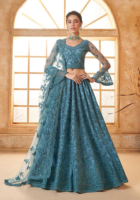 Turquoise Blue Thread Embroidered Net Lehenga Set