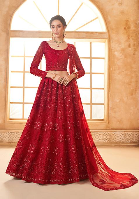 Red Thread Embroidered Net Lehenga Set