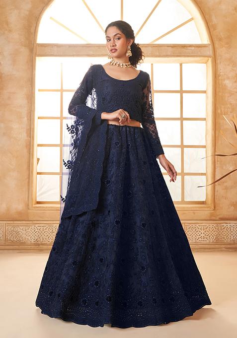 Deep Blue Thread Embroidered Net Lehenga Set