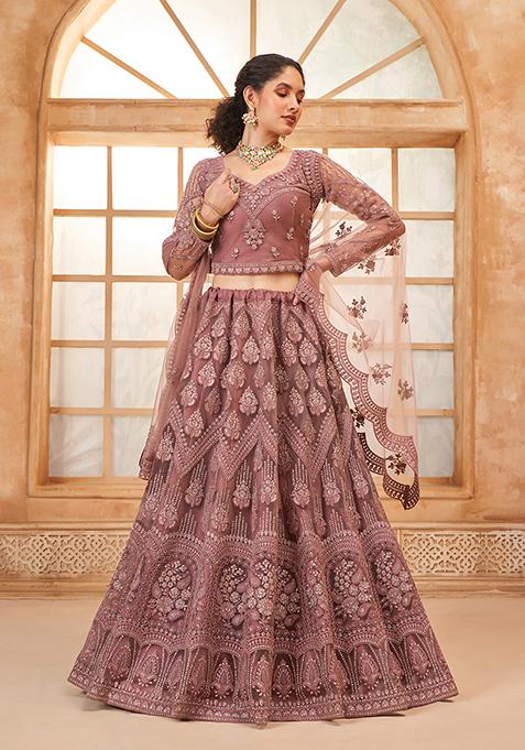 Mocha Brown Thread Embroidered Net Lehenga Set