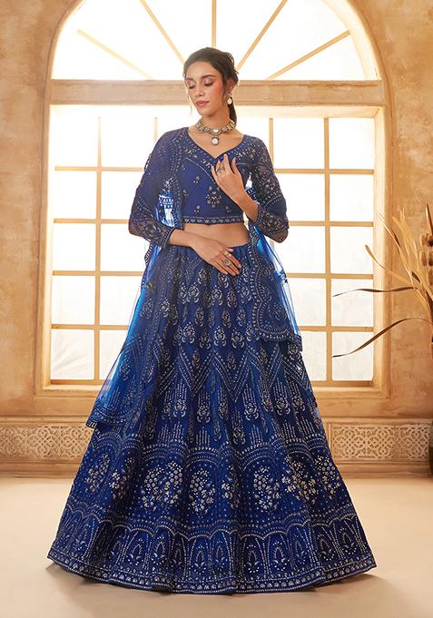 Royal Blue Thread Embroidered Net Lehenga Set