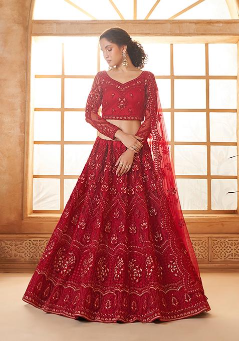 Red Thread Embroidered Net Lehenga Set