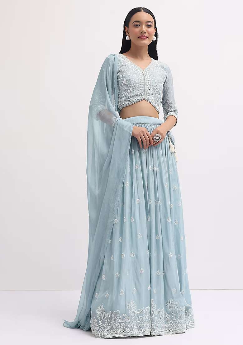 Light Blue Sequin Embroidered Faux Georgette Lehenga Set for Diwali and Festive Wear - Indya