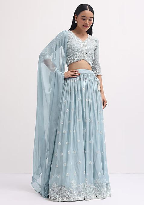 Light Blue Sequin Embroidered Faux Georgette Lehenga Set