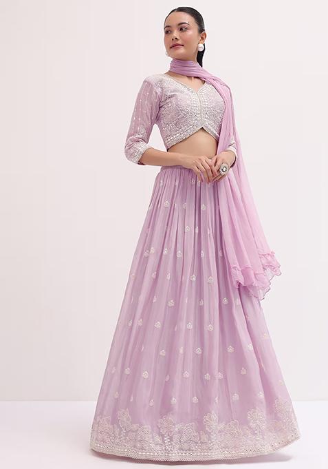 Lavender Sequin Embroidered Faux Georgette Lehenga Set