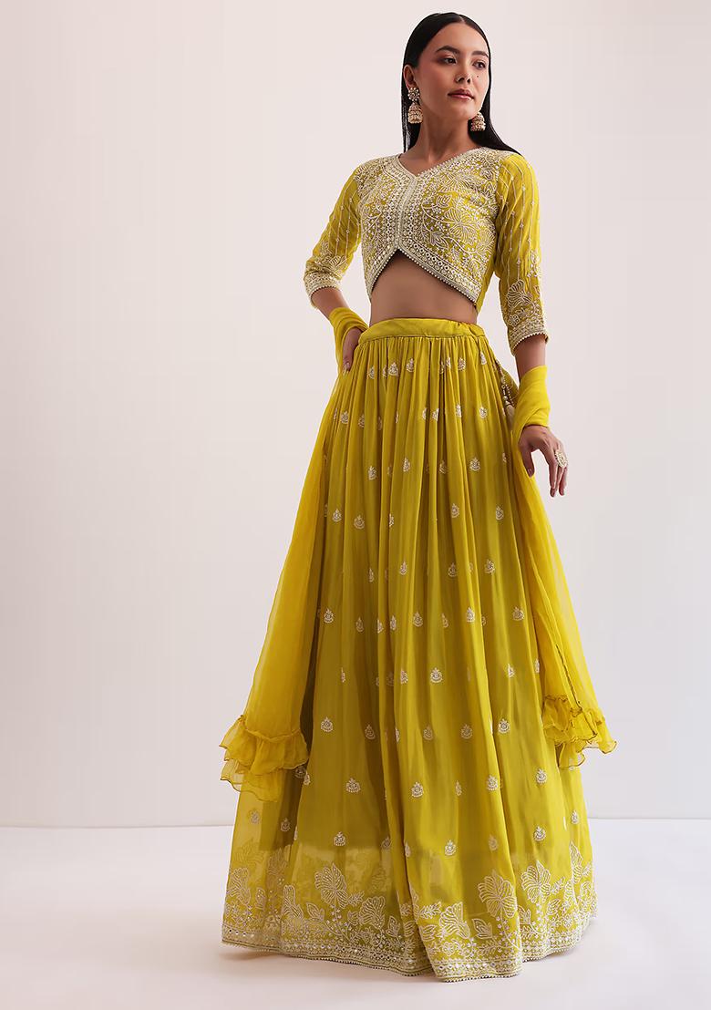 Yellow Sequin Embroidered Faux Georgette Lehenga Set