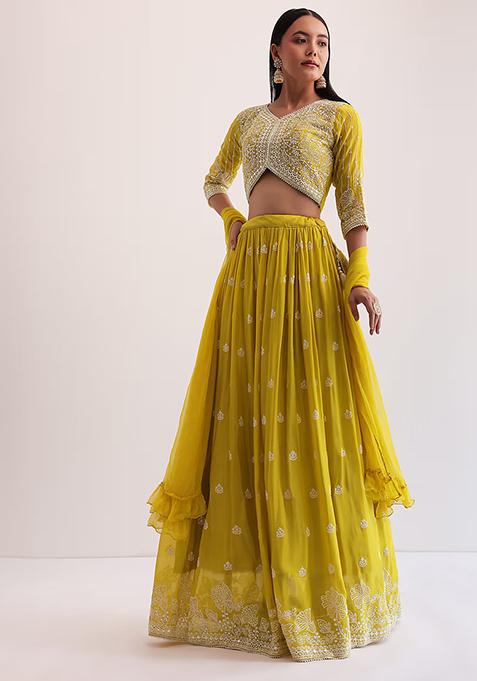 Yellow Sequin Embroidered Faux Georgette Lehenga Set