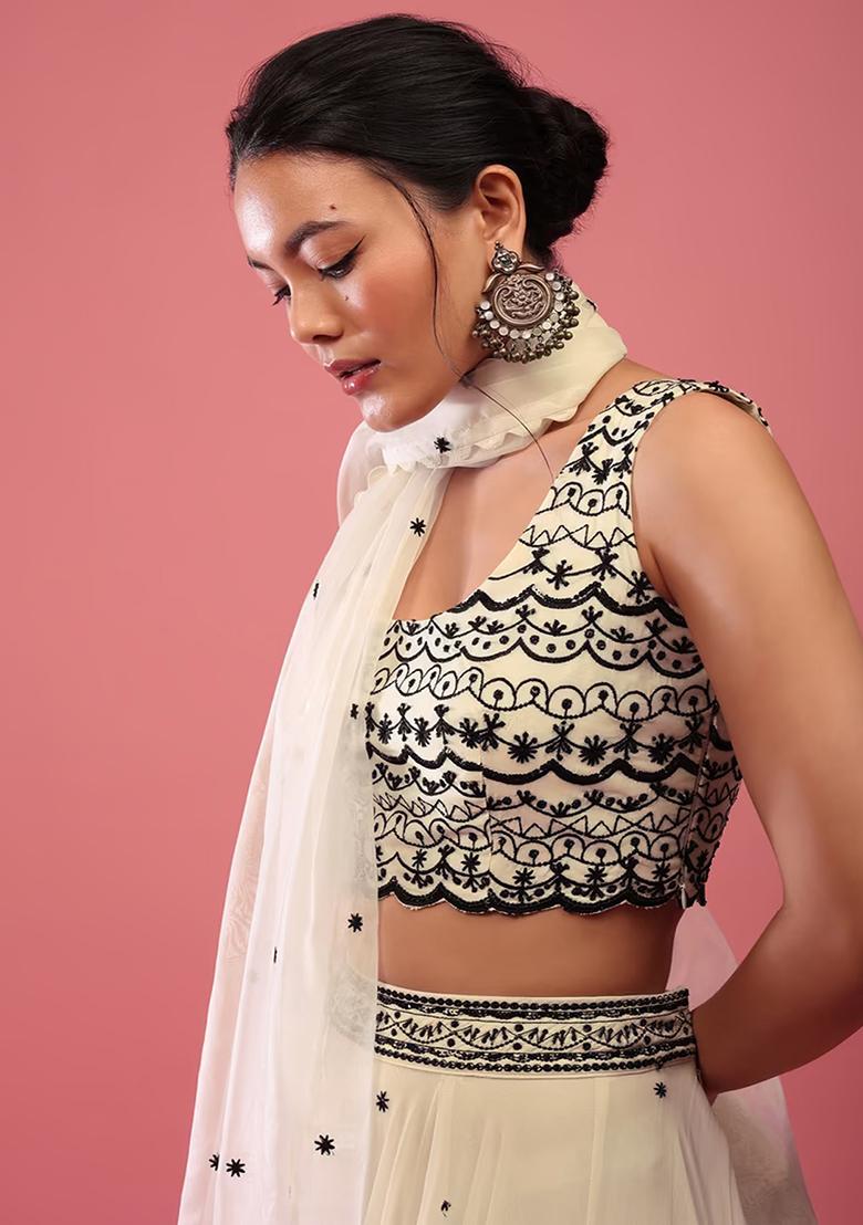 Off White Sequin Embroidered Faux Georgette Lehenga Set - Indya
