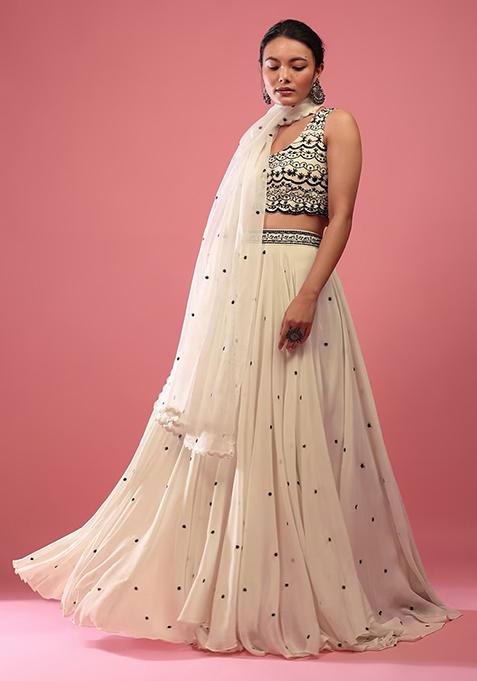 Off White Sequin Embroidered Faux Georgette Lehenga Set