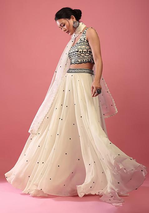 Off White Sequin Embroidered Faux Georgette Lehenga Set