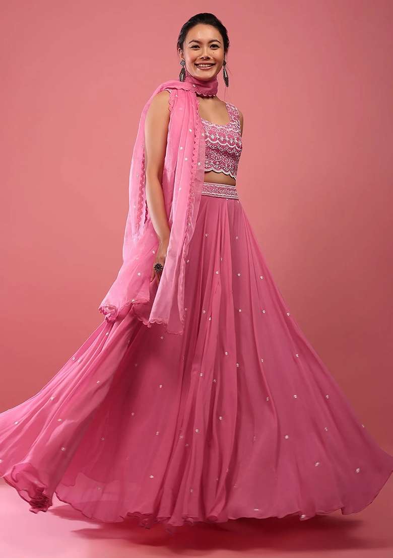Pink Faux Georgette Lehenga Set with Embroidered & Sequin for Diwali | Wedding & Festive Wear - Indya
