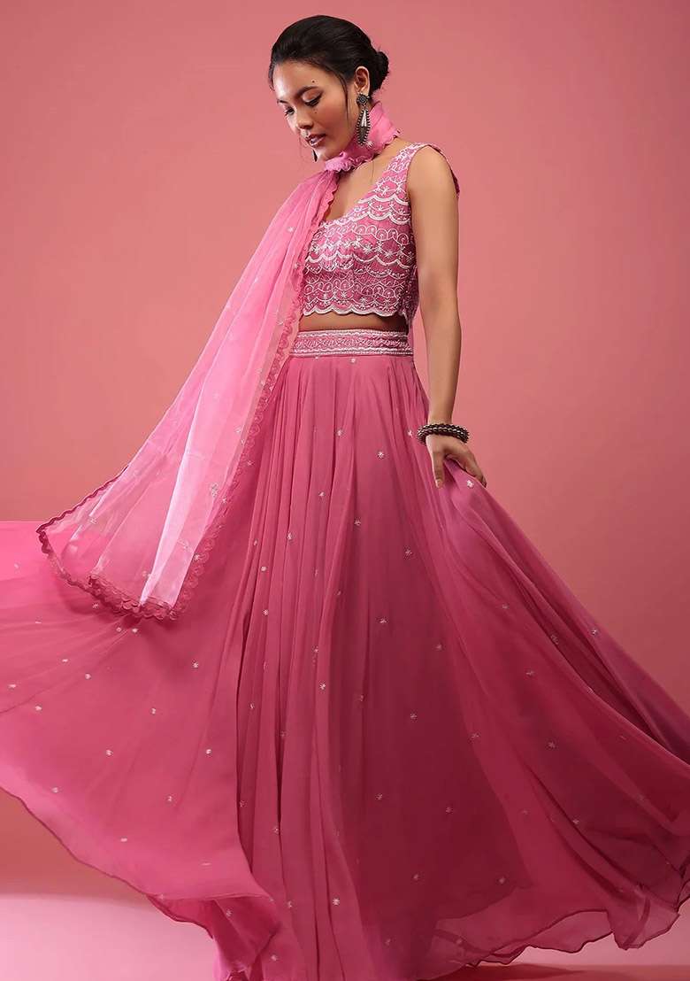 Pink Faux Georgette Lehenga Set with Embroidered & Sequin for Diwali | Wedding & Festive Wear - Indya