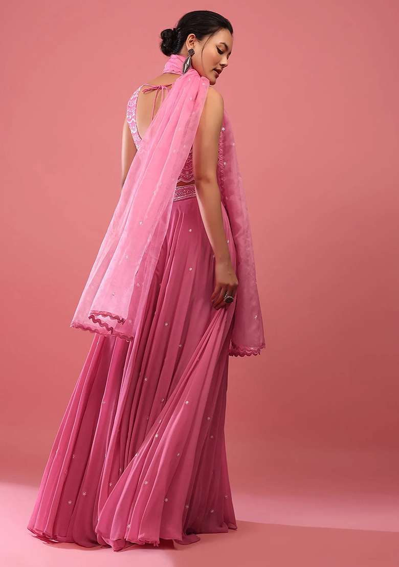 Pink Faux Georgette Lehenga Set with Embroidered & Sequin for Diwali | Wedding & Festive Wear - Indya