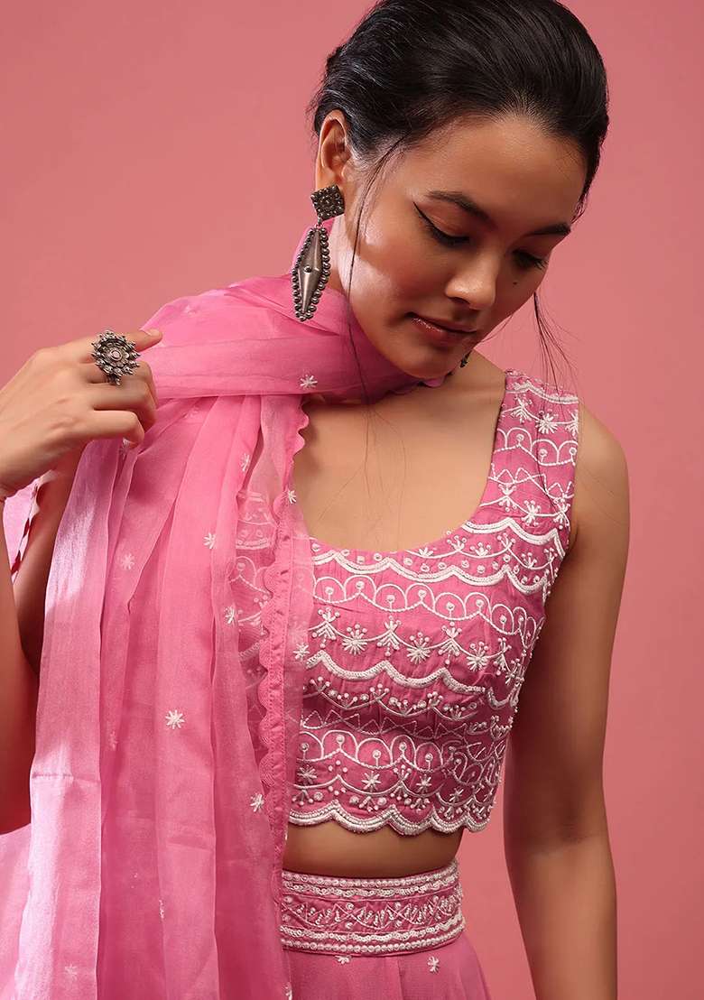 Pink Faux Georgette Lehenga Set with Embroidered & Sequin for Diwali | Wedding & Festive Wear - Indya