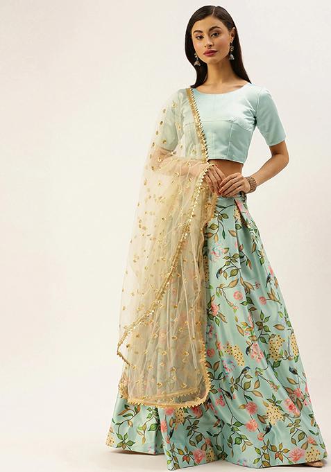 Sea Green Printed Zari Satin Lehenga Set