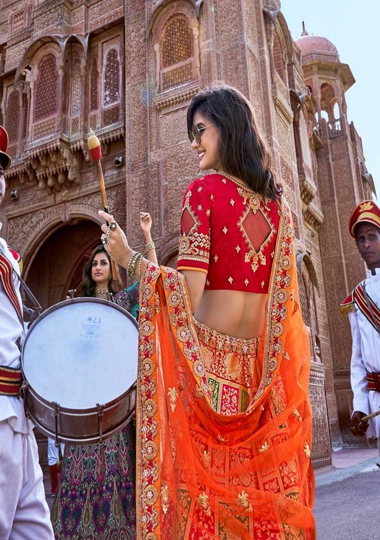 Orange Embroidered Silk Lehenga Set