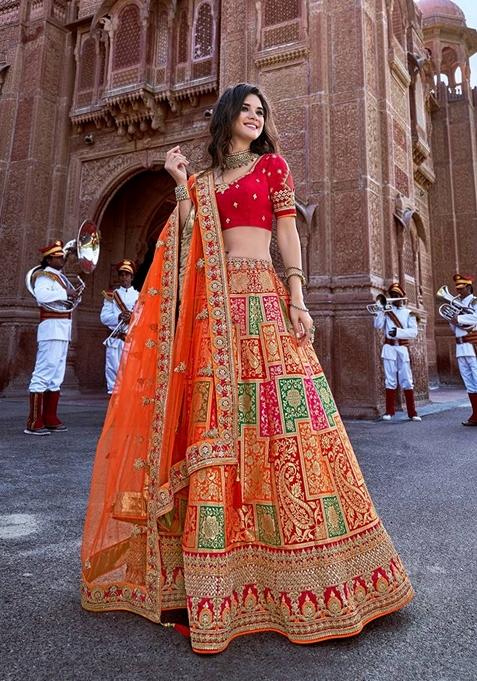 Orange Embroidered Silk Lehenga Set