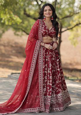 Maroon Sequin Embroidered Viscose Lehenga Set