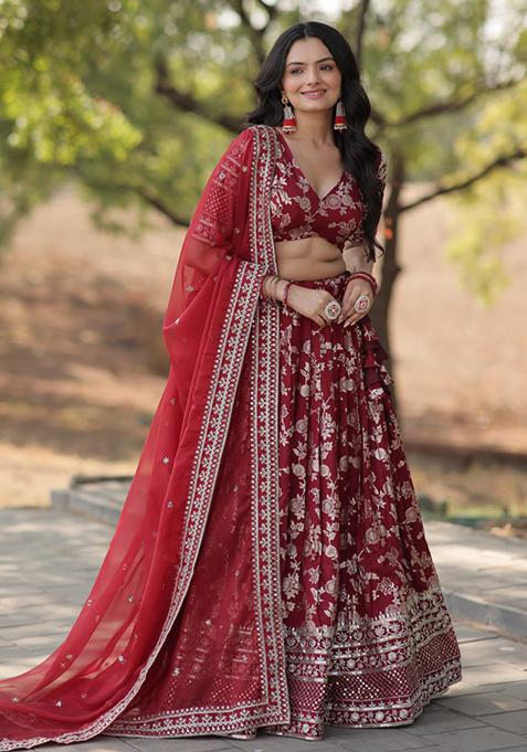 Maroon Sequin Embroidered Viscose Lehenga Set