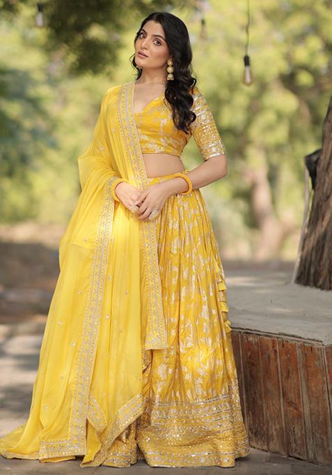 Yellow Sequin Embroidered Viscose Jacquard Lehenga Set