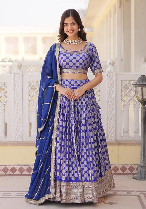 Blue Sequin Embroidered Viscose Jacquard Lehenga Set