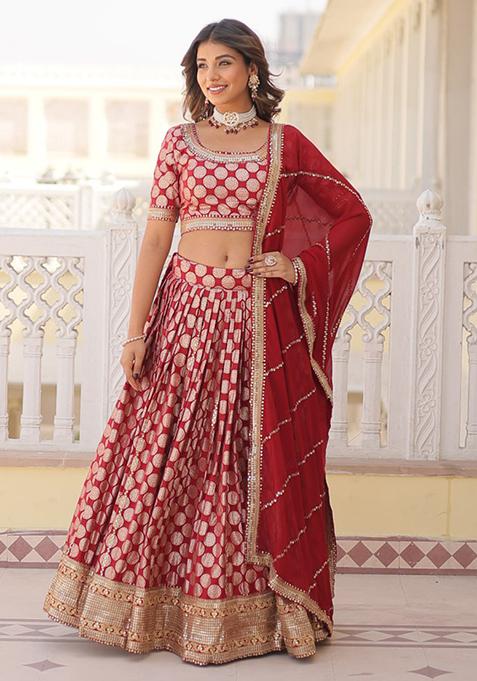 Maroon Sequin Embroidered Viscose Jacquard Lehenga Set