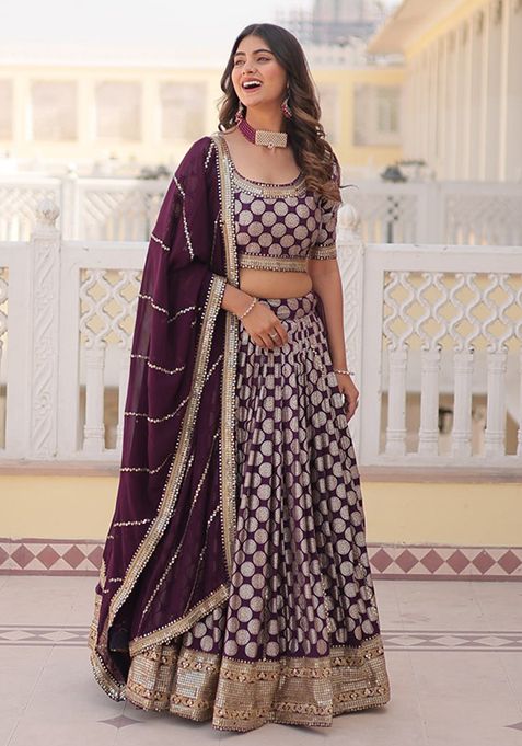 Purple Sequin Embroidered Viscose Jacquard Lehenga Set