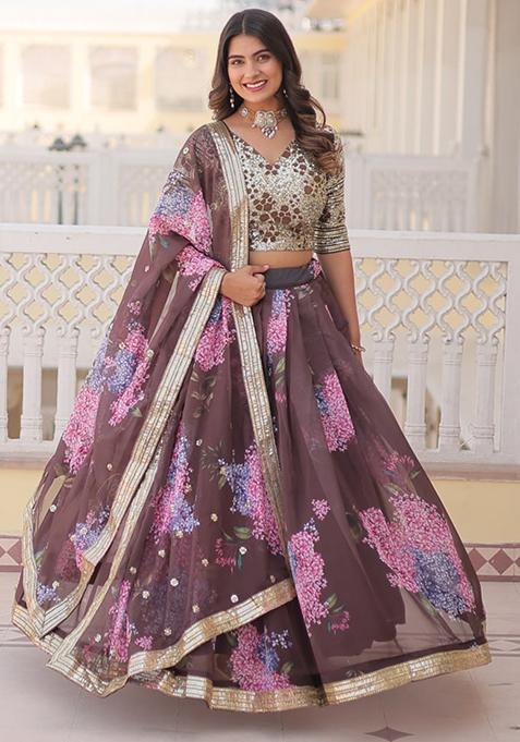 Brown Sequin Embroidered Silk Lehenga Set