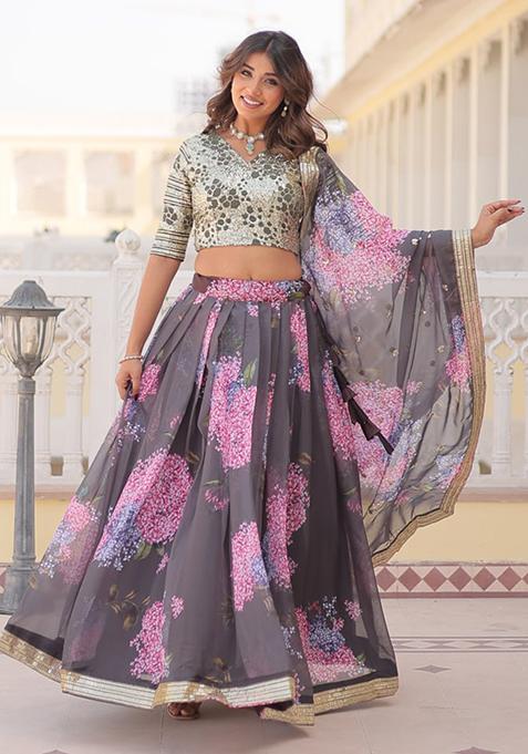 Grey Sequin Embroidered Silk Lehenga Set