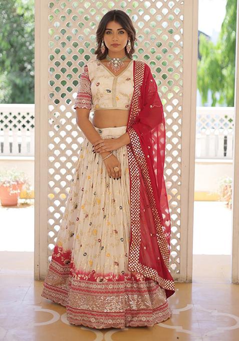 Cream Sequin Embroidered Viscose Jacquard Lehenga Set