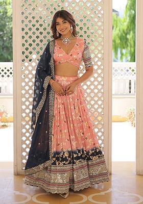 Peach Sequin Embroidered Viscose Jacquard Lehenga Set