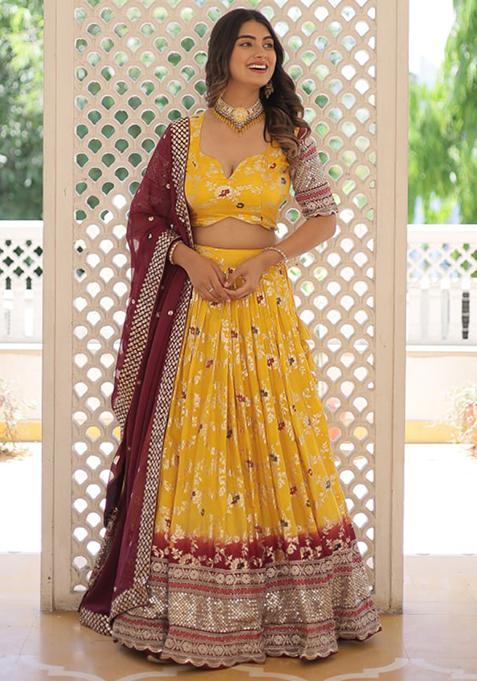 Yellow Sequin Embroidered Viscose Jacquard Lehenga Set