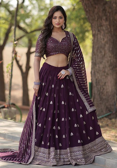 Purple Sequin Embroidered Faux Georgette Lehenga Set