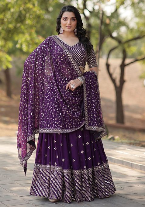 Purple Sequin Embroidered Faux Georgette Lehenga Set