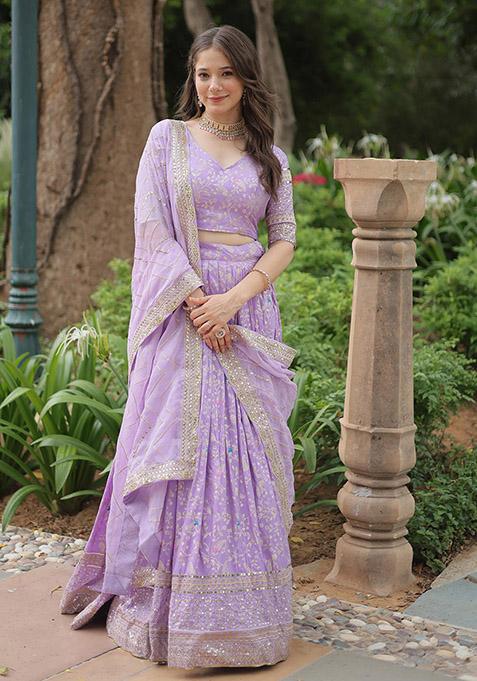 Lavender Sequin Embroidered Viscose Jacquard Lehenga Set