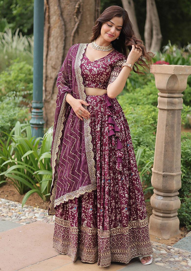 Wine Sequin Embroidered Viscose Jacquard Lehenga Set