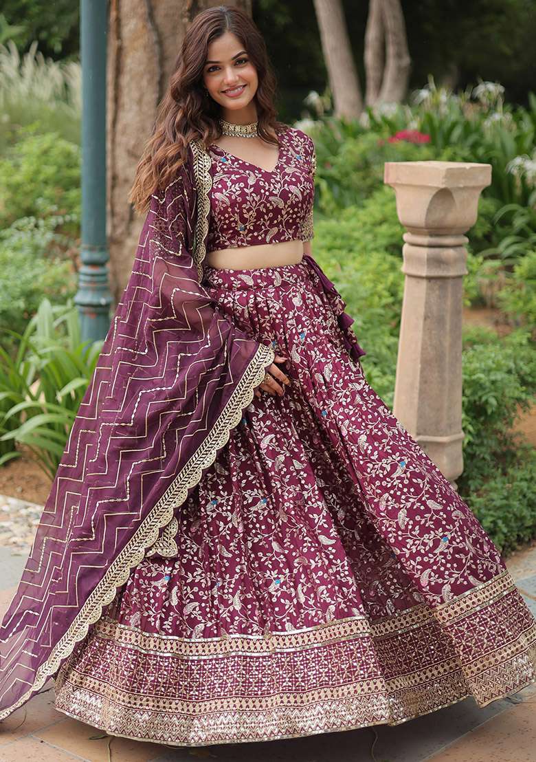 Wine Sequin Embroidered Viscose Jacquard Lehenga Set - Indya