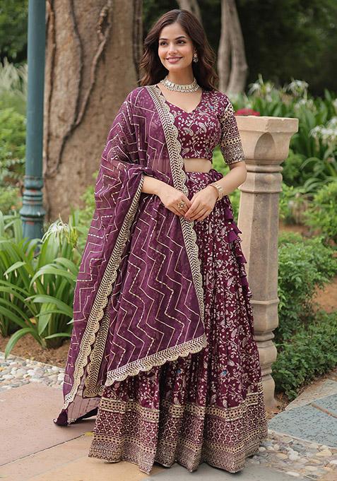 Wine Sequin Embroidered Viscose Jacquard Lehenga Set