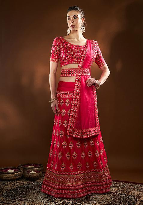 Pink Thread Embroidered Silk Blend Lehenga Set