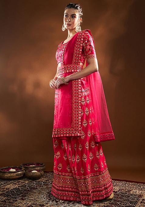 Pink Thread Embroidered Silk Blend Lehenga Set