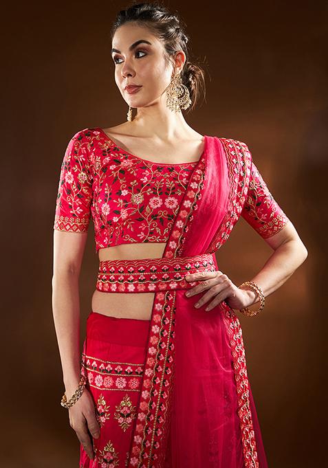 Pink Thread Embroidered Silk Blend Lehenga Set