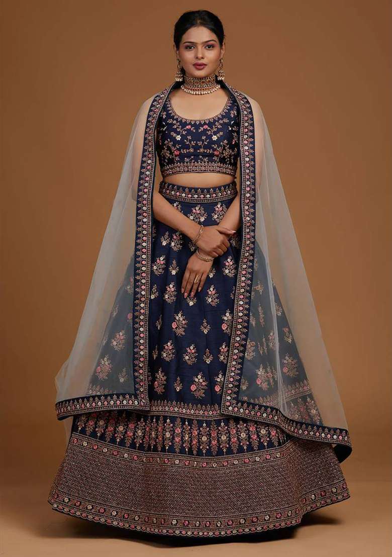 Blue Thread Embroidered Silk Blend Lehenga Set for Diwali and Festive Wear - Indya