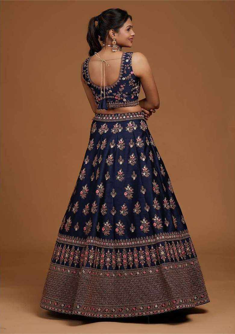 Blue Thread Embroidered Silk Blend Lehenga Set for Diwali and Festive Wear - Indya