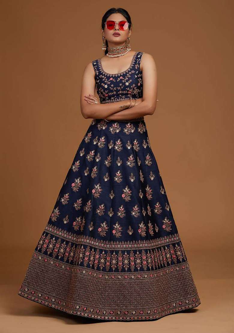 Blue Thread Embroidered Silk Blend Lehenga Set for Diwali and Festive Wear - Indya